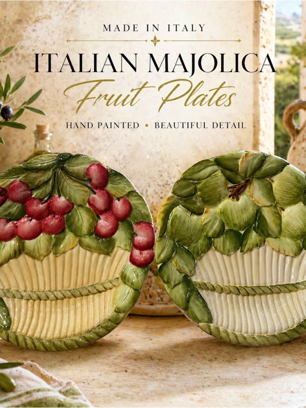 Italian Majolica Style Fruit Plates Set Cherry & Pear Hand Painted Made in Italy